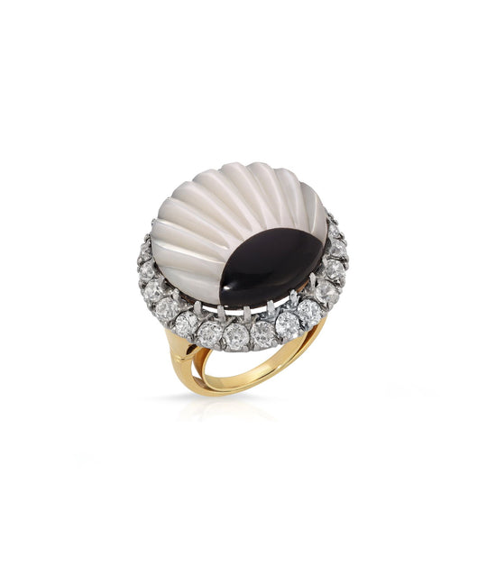 Mother of Pearl, Onyx and Diamond Shell Ring in 14K Gold