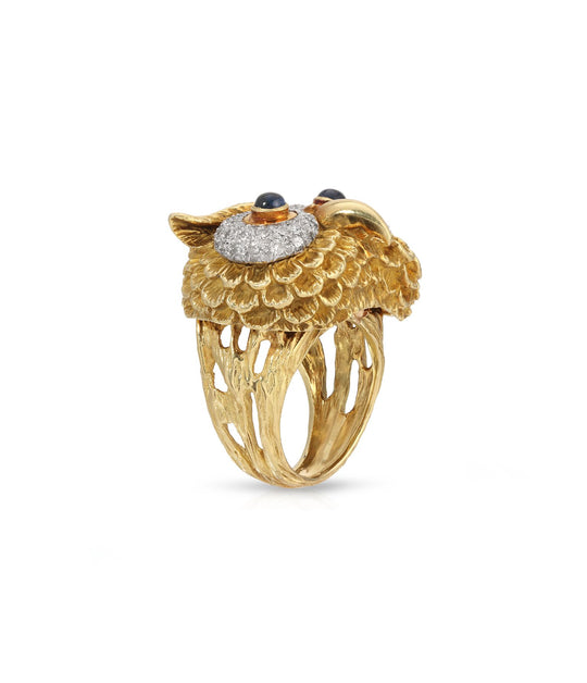 Sapphire & Diamond Owl Ring in 18K Gold