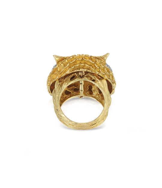 Sapphire & Diamond Owl Ring in 18K Gold