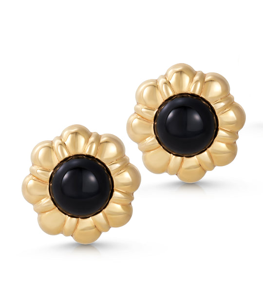 Black Onyx and Flower Earrings in 14K Gold