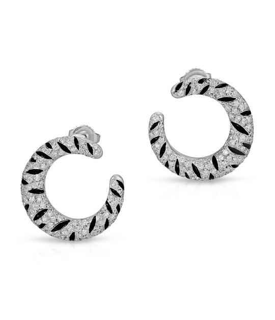 Diamond & Black Enamel Crescent Ear Clips in 18K White Gold