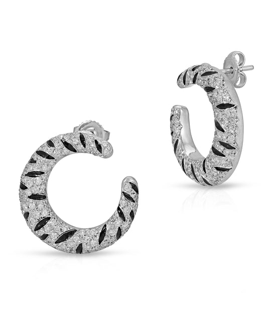 Diamond & Black Enamel Crescent Ear Clips in 18K White Gold