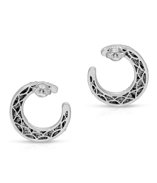 Diamond & Black Enamel Crescent Ear Clips in 18K White Gold