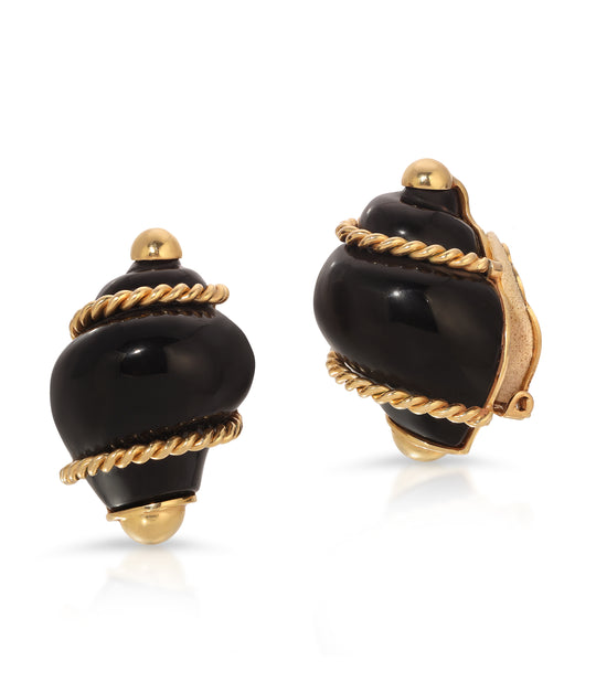 Seaman Schepps Black Onyx Shell Ear Clips in 14K Gold