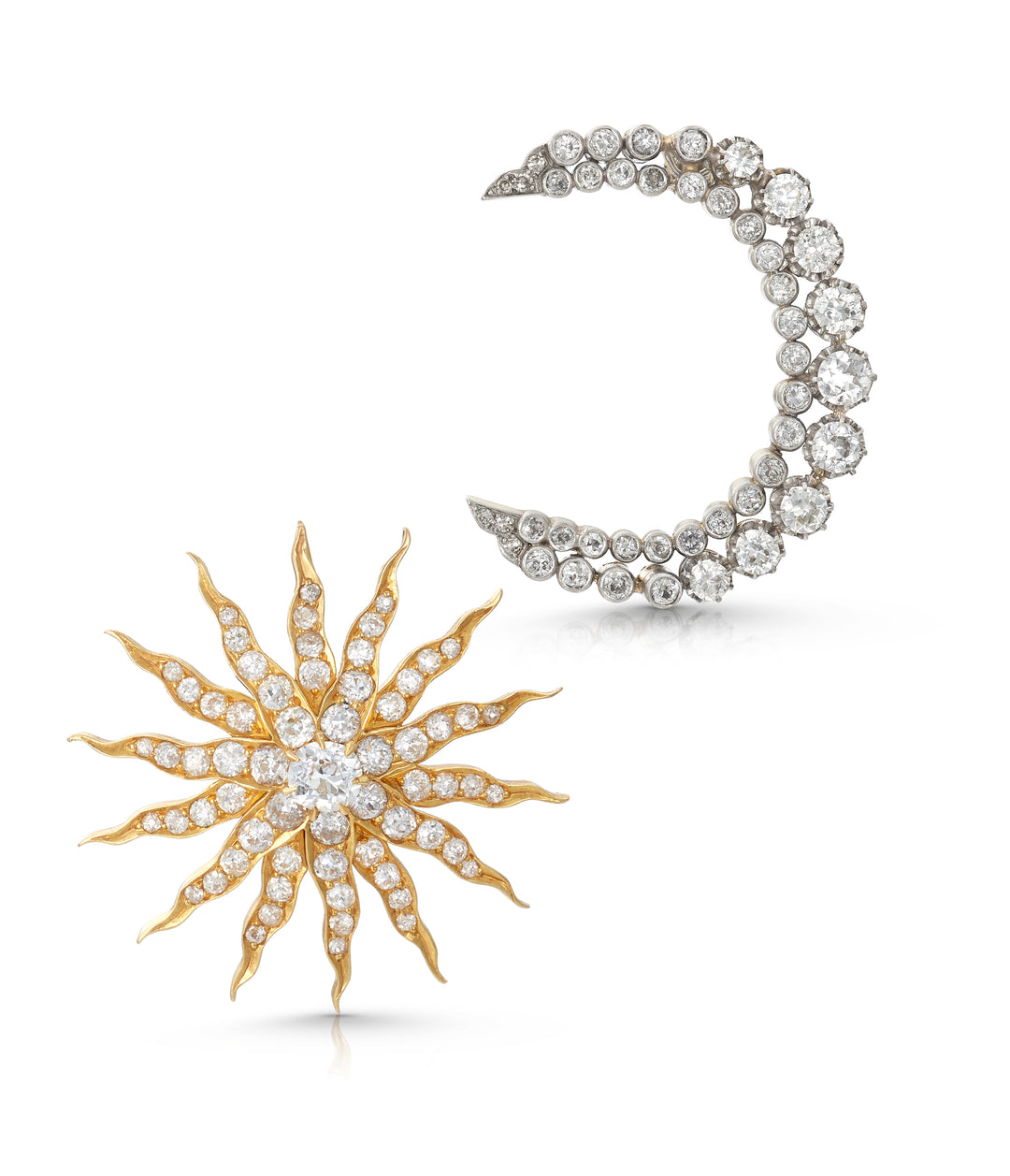 Crescent and Sun Diamond Earrings in 18K Gold