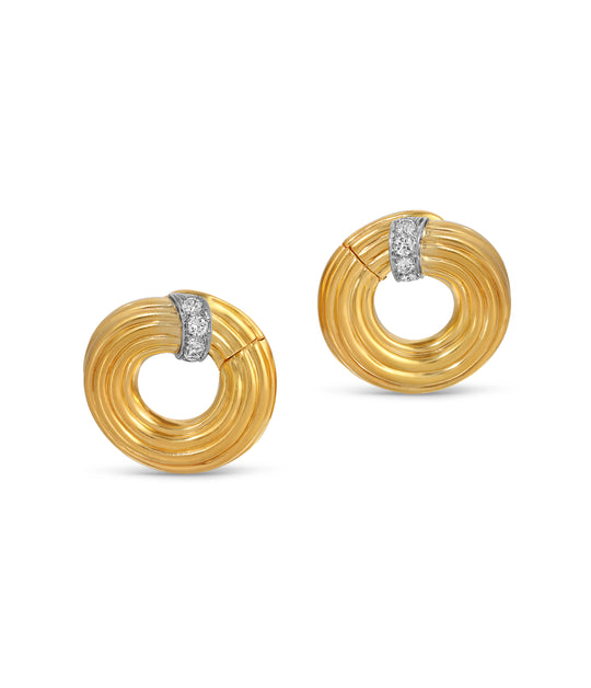 David Webb Diamond Circle Ear Clips in 18k Gold and Platinum