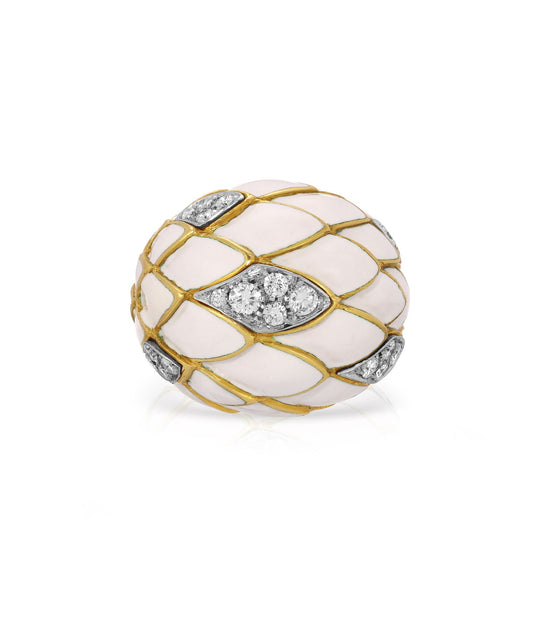 Diamond & White Enamel Dome Ring in 18K Gold