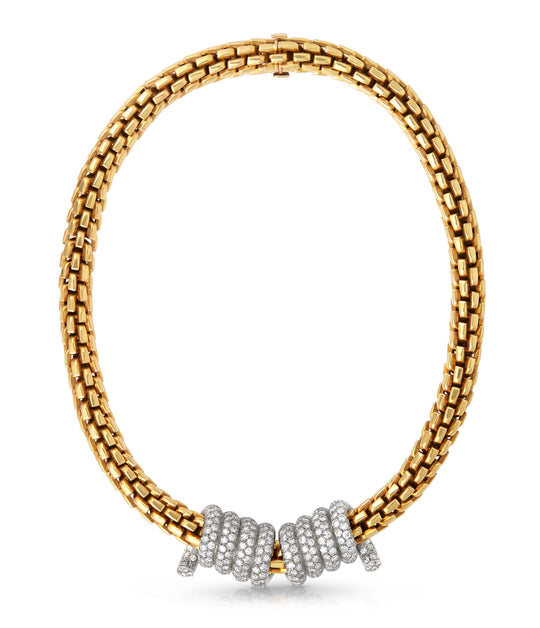 Tubular Chain in 18K Gold with 2 Diamond Platinum Slides