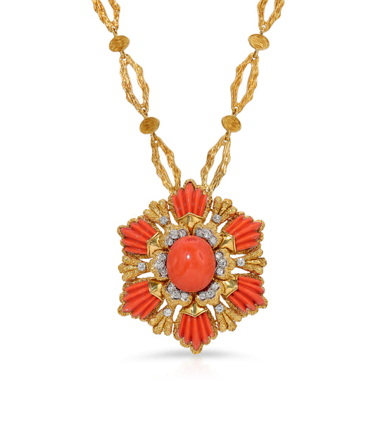 Wander & Co., Coral & Diamond Pendant-Brooch in 18K Gold