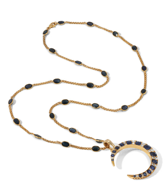 Sapphire & Diamond Crescent Pendant with Chain in 18K Gold