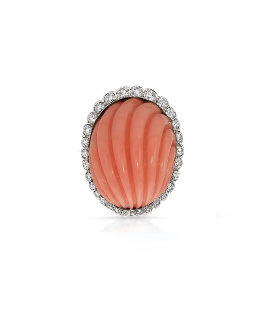 Fluted Angel Skin Coral Diamond Ring in 18K Gold