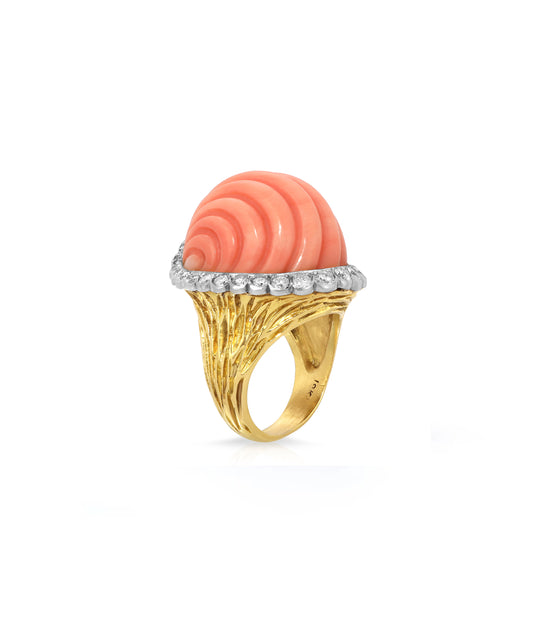 Fluted Angel Skin Coral Diamond Ring in 18K Gold