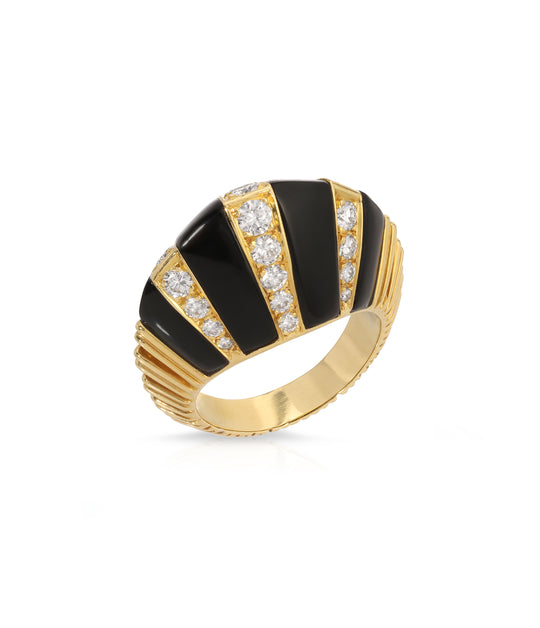Onyx & Diamond Fanned Dome Ring in 18K Gold