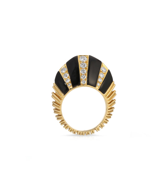 Onyx & Diamond Fanned Dome Ring in 18K Gold