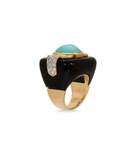 Onyx, Turquoise and Diamond Ring in 14K Gold