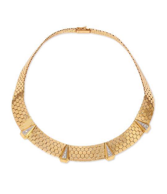 Retro Diamond Honeycomb Link Necklace in 18K Gold