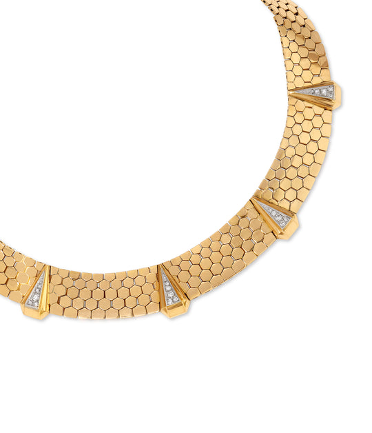 Retro Diamond Honeycomb Link Necklace in 18K Gold