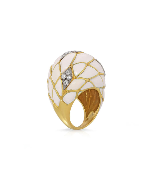 Diamond & White Enamel Dome Ring in 18K Gold