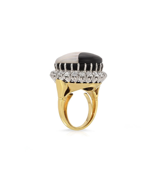 Mother of Pearl, Onyx and Diamond Shell Ring in 14K Gold