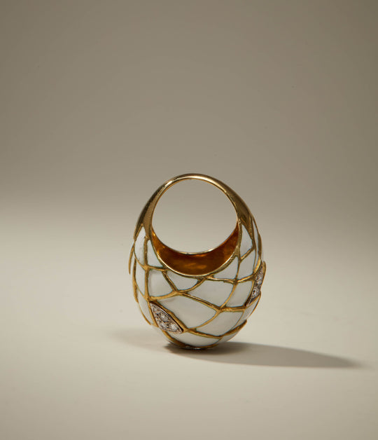 Diamond & White Enamel Dome Ring in 18K Gold