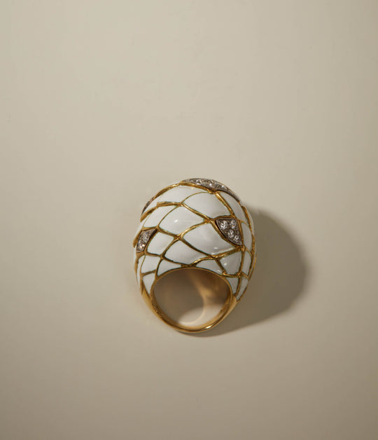 Diamond & White Enamel Dome Ring in 18K Gold