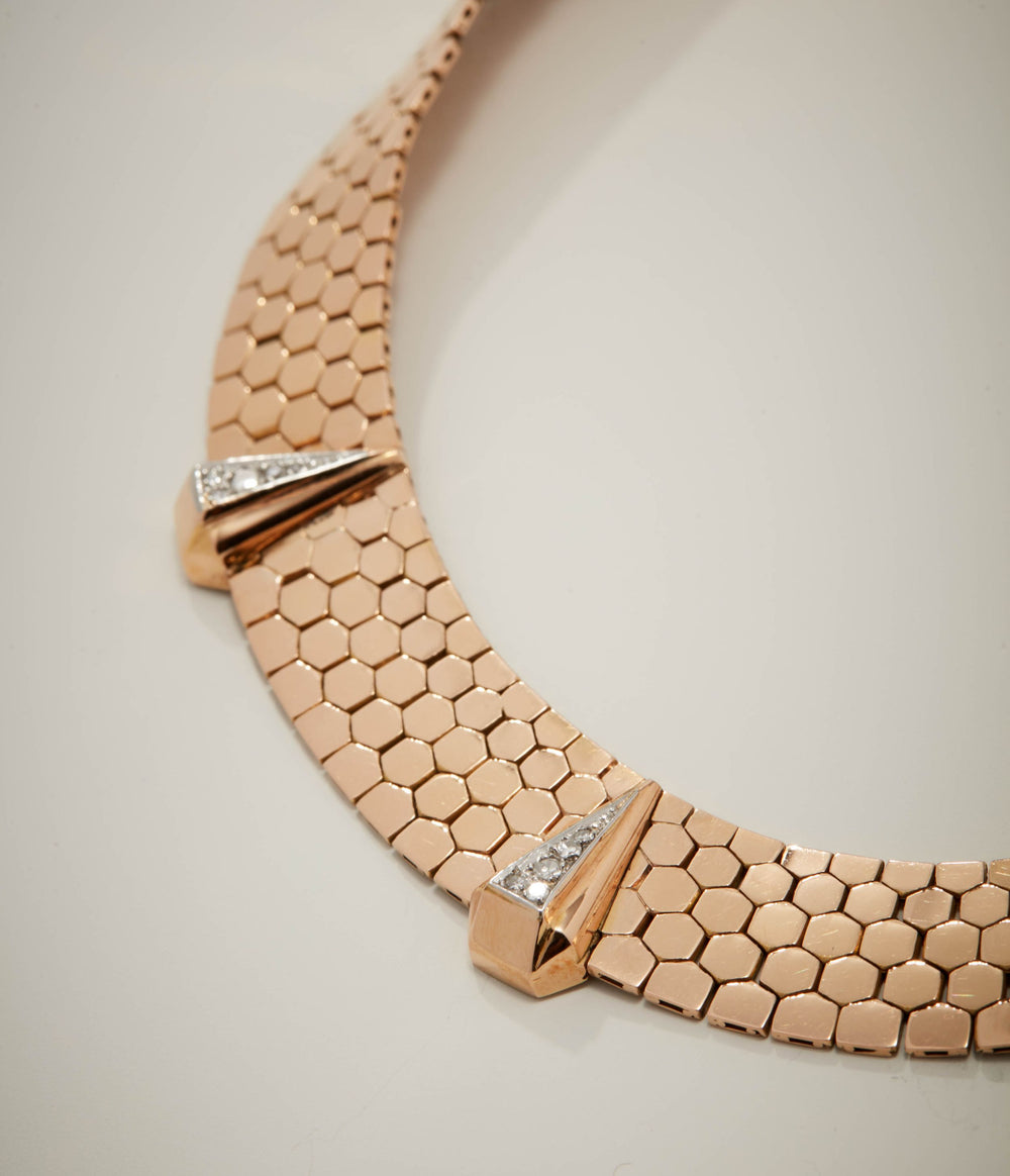 Retro Diamond Honeycomb Link Necklace in 18K Gold