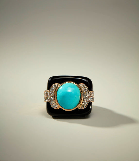Onyx, Turquoise and Diamond Ring in 14K Gold
