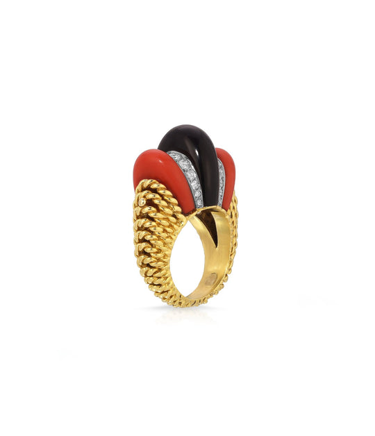 Coral, Black Onyx & Diamond Bombe Ring in 18K Gold