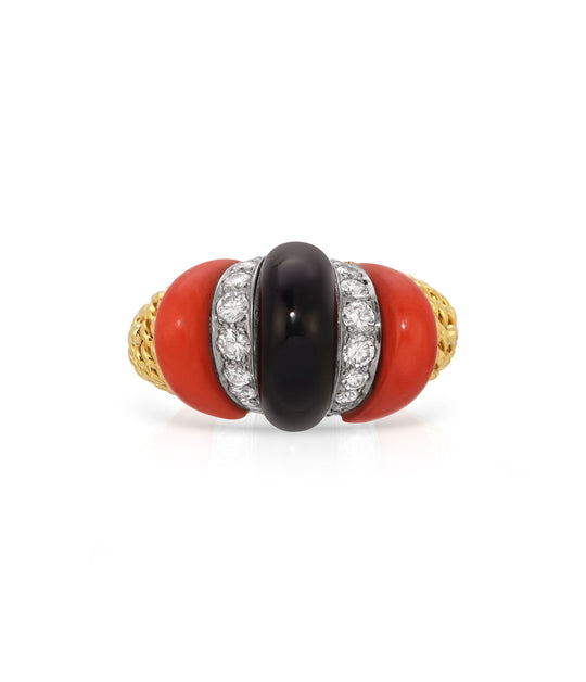 Coral, Black Onyx & Diamond Bombe Ring in 18K Gold