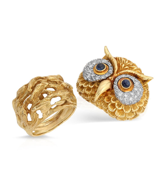 Sapphire & Diamond Owl Ring in 18K Gold