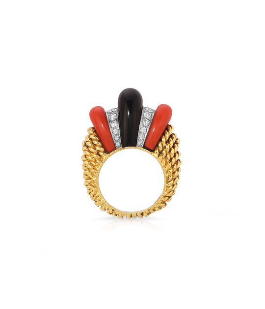 Coral, Black Onyx & Diamond Bombe Ring in 18K Gold