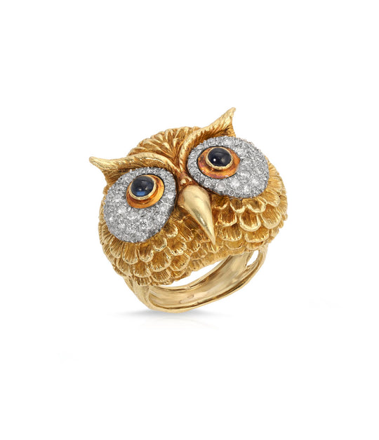 Sapphire & Diamond Owl Ring in 18K Gold