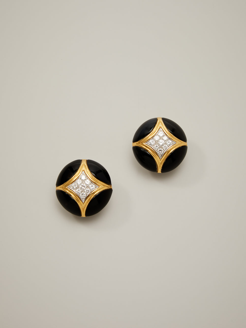 Onyx & Diamond Button Ear Clips in 18k Gold and Platinum