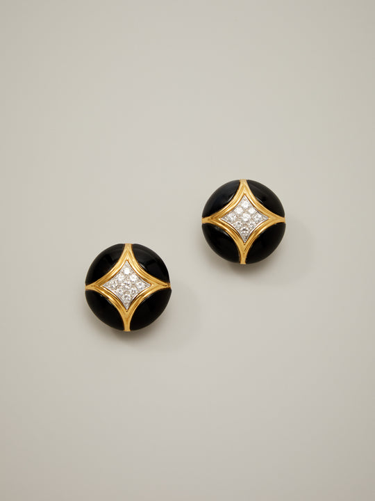 Onyx & Diamond Button Ear Clips in 18k Gold and Platinum