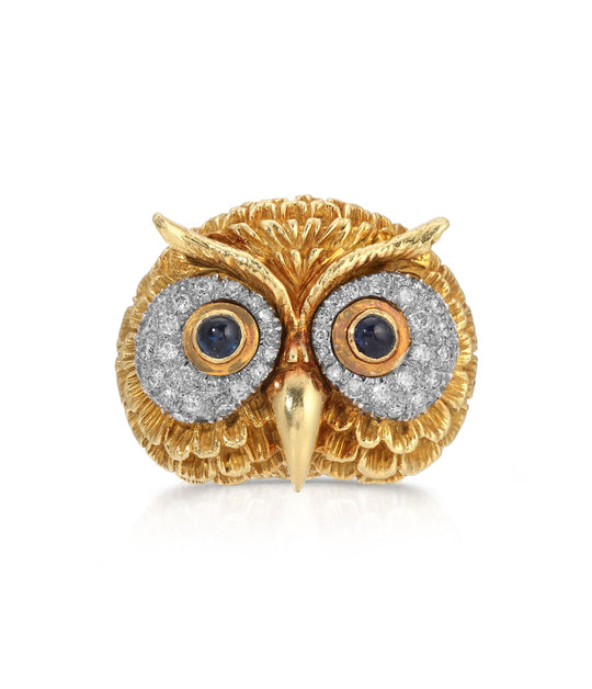 David Webb Sapphire & Diamond Owl Ring in 18K Gold