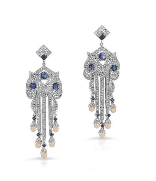Diamond, Sapphire and Pearl Earrings in Platinum