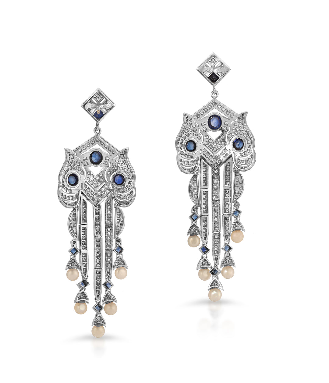 Diamond, Sapphire and Pearl Earrings in Platinum