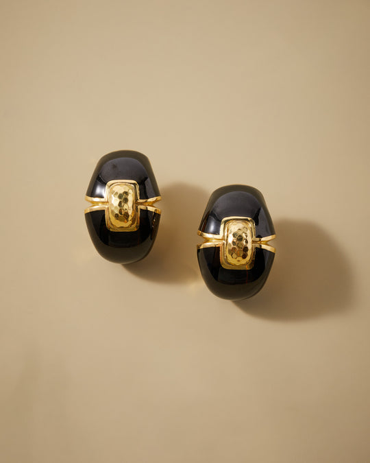 David Webb Black Enamel Ear Clips in 18k Gold