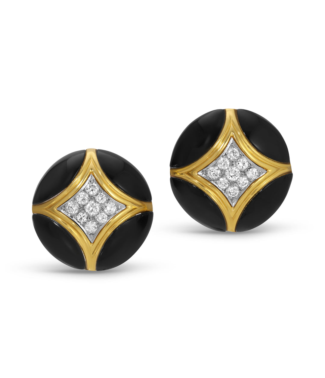 Onyx & Diamond Button Ear Clips in 18k Gold and Platinum