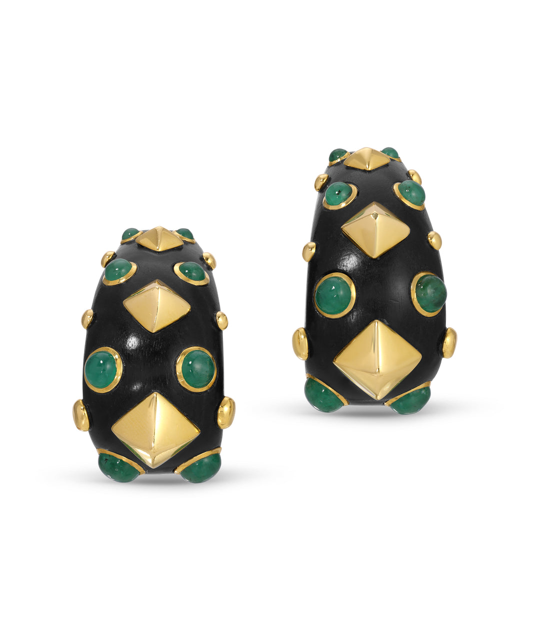 Trianon Wood & Emerald Set Hoop Ear Clips in 18k Gold