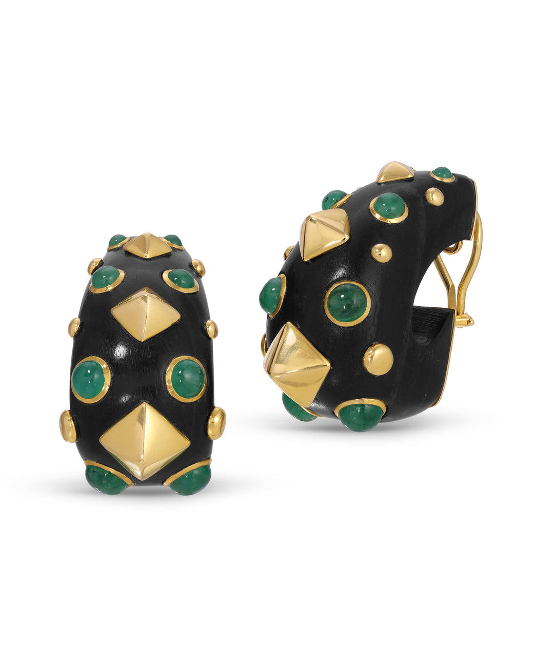 Trianon Wood & Emerald Set Hoop Ear Clips in 18k Gold