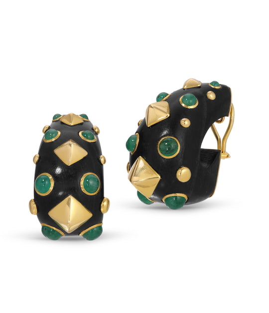 Trianon Wood & Emerald Set Hoop Ear Clips in 18k Gold