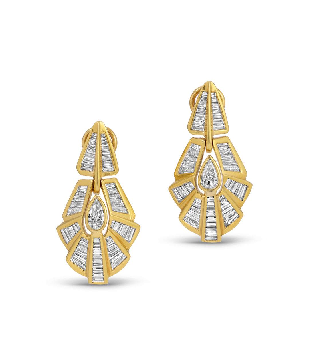 Pear Cut & Baguette Cut Diamond Earrings in 18k Gold