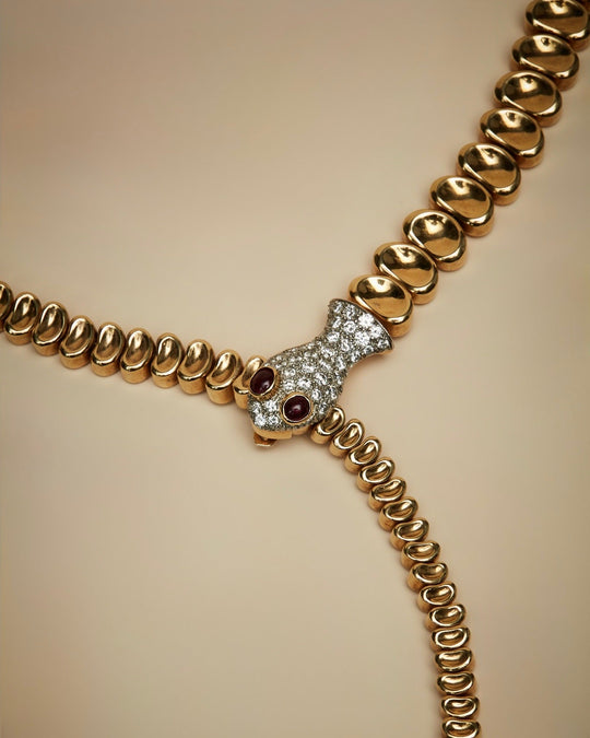 Diamond and Ruby Serpent Necklace in 18k Gold