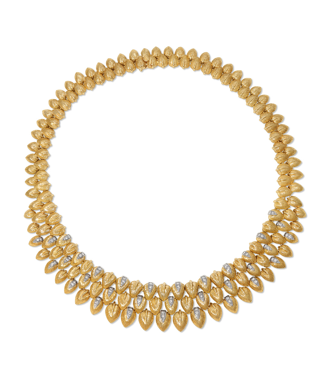 Textured Leaf Linked Collar Diamond Necklace in 18k Gold and Platinum