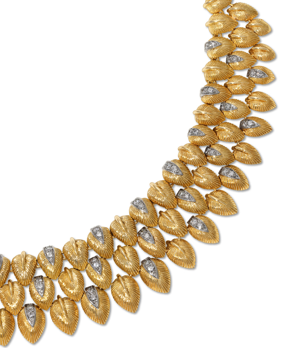Textured Leaf Linked Collar Diamond Necklace in 18k Gold and Platinum