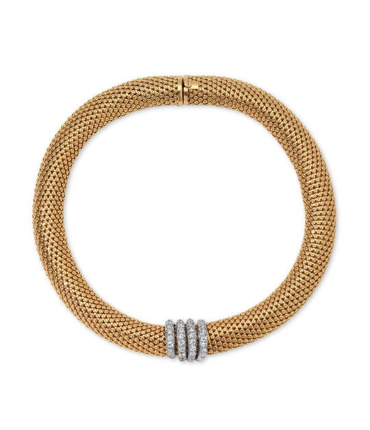 French Retro Collier Necklace in 18K Gold with Diamond Pendant in Platinum