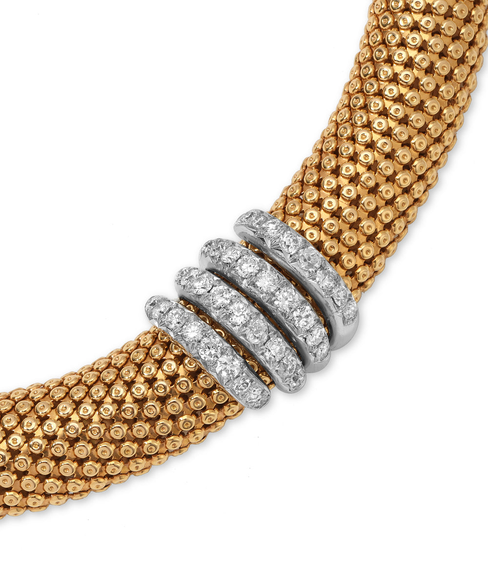 French Retro Collier Necklace in 18K Gold with Diamond Pendant in Platinum
