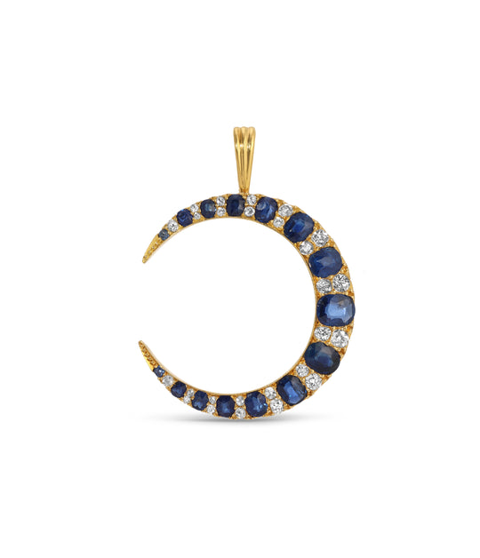 Sapphire and Diamond Crescent Pendant with Chain in 18K Gold