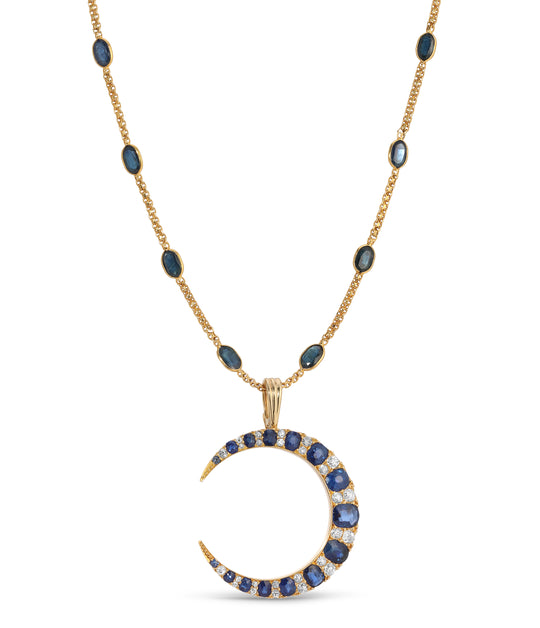 Sapphire and Diamond Crescent Pendant with Chain in 18K Gold